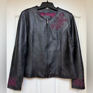 Genuine Leather Jacket Women Black Floral Embroidered Moto Zip Large